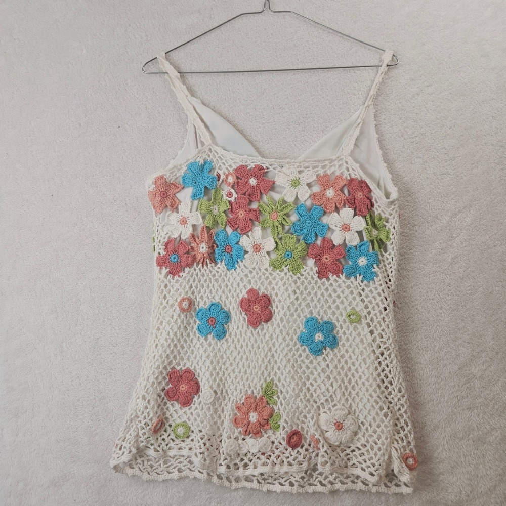 Maurice Sasson Crochet Floral Camisole Top L Cream Pink Blue Ramie Cotton Blend - Picture 2 of 7